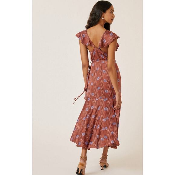Anthropologie Ruffle Sleeve Printed Wrap Maxi Silky Dress Medium Brown Copper - Picture 2 of 13
